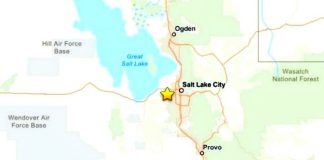 Map showing a yellow star marker west of Salt Lake City near the Great Salt Lake, with Ogden to the north and Provo to the south.