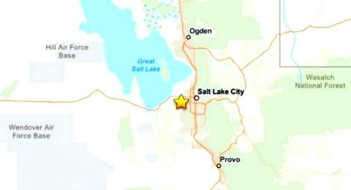Map showing a yellow star marker west of Salt Lake City near the Great Salt Lake, with Ogden to the north and Provo to the south.
