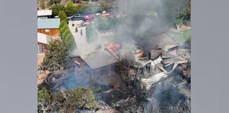 Residential area on fire: burning houses with thick smoke rising above a yard and surrounding trees.