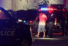 Night scene with police car and officers detaining a man beside flashing red and blue lights.