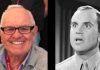Two side-by-side portraits: left a smiling older man with glasses and a lanyard; right a black-and-white photo of a surprised man in a shirt and tie.