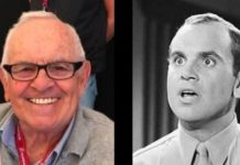 Two side-by-side portraits: left a smiling older man with glasses and a lanyard; right a black-and-white photo of a surprised man in a shirt and tie.