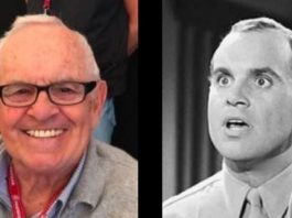 Two side-by-side portraits: left a smiling older man with glasses and a lanyard; right a black-and-white photo of a surprised man in a shirt and tie.