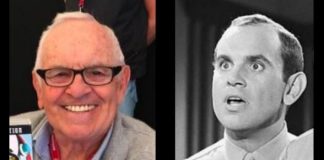 Two side-by-side portraits: left a smiling older man with glasses and a lanyard; right a black-and-white photo of a surprised man in a shirt and tie.