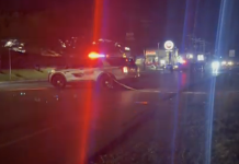 Nighttime street scene with a police car and flashing red and blue emergency lights at an incident site.