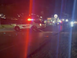 Nighttime street scene with a police car and flashing red and blue emergency lights at an incident site.