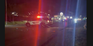 Nighttime street scene with a police car and flashing red and blue emergency lights at an incident site.