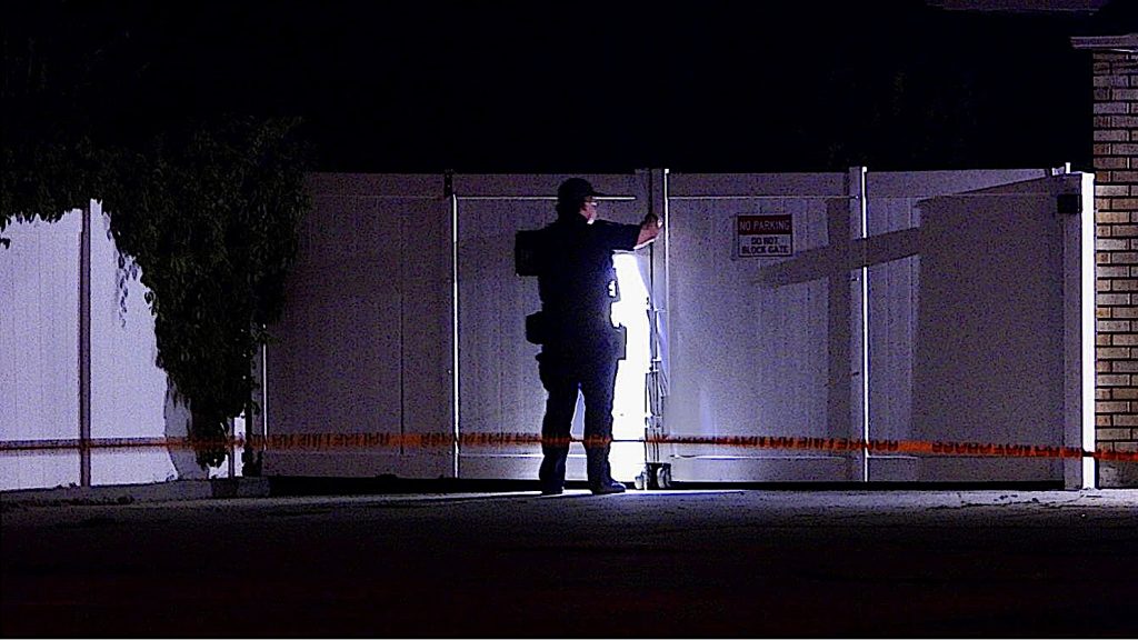 Screenshot | Gephardt Daily Silhouetted security officer in tactical gear at night beside a chain-link gate, illuminated by a bright light, with orange barrier tape across the scene.