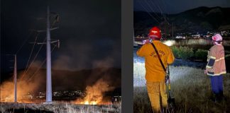 Two-panel night image: left shows a grass fire near utility poles and power lines, with smoke rising; right shows firefighters in yellow turnout gear inspecting distant power lines in a field.