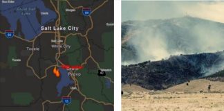 Map view showing a wildfire south of Provo, Utah near I-15 with flames symbolizing active fire near Salt Lake City area (Great Salt Lake nearby).