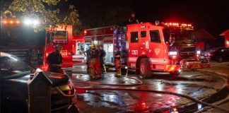 Firefighters and red fire trucks at night, hoses on the wet street preparing for operation.