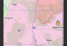 Map showing Agate Fire at 115 acres along I-70 near Moab, with Price and Castle Dale labeled in Utah.