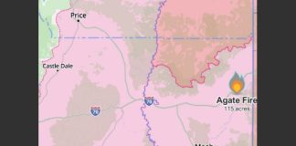 Map showing Agate Fire at 115 acres along I-70 near Moab, with Price and Castle Dale labeled in Utah.