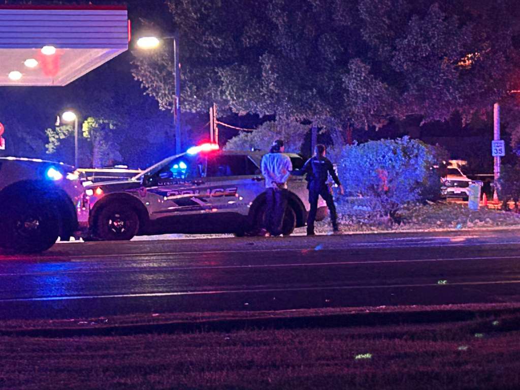 ce8eeff2-f2c7-4fc1-aa4a-58d47fd1d7a7 | Gephardt Daily Nighttime police scene with blue and red flashing lights, two officers near a patrol car on a dim street.