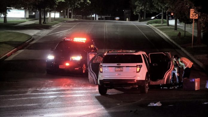 Nighttime accident scene: a white SUV with open doors beside a police SUV with flashing red lights; responders in reflective vests assist nearby.