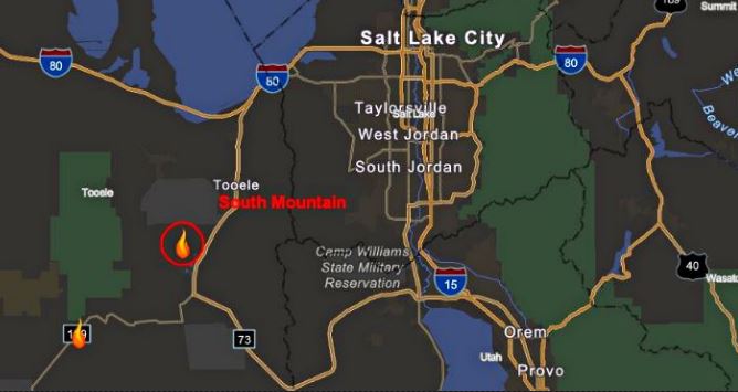 Map of northern Utah with a fire icon west of Tooele near South Mountain, I-80 and I-15 visible on the highways map.