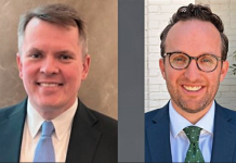 Two men in business attire posing for headshots, both smiling. Left: dark suit with light blue tie; right: navy suit with green tie and glasses.