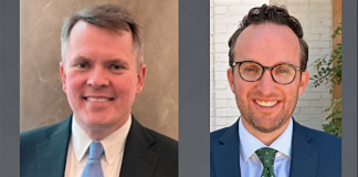 Two men in business attire posing for headshots, both smiling. Left: dark suit with light blue tie; right: navy suit with green tie and glasses.