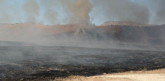 Volcanic landscape with a broad lava flow, dark cooled crust, and rising smoke near distant hills in a barren terrain.