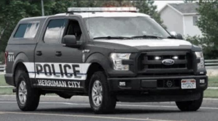 lights-- Herriman 4 Police pickup truck with 'POLICE' and 'HERRIMAN CITY' markings driving on a street, emergency lights on the roof.