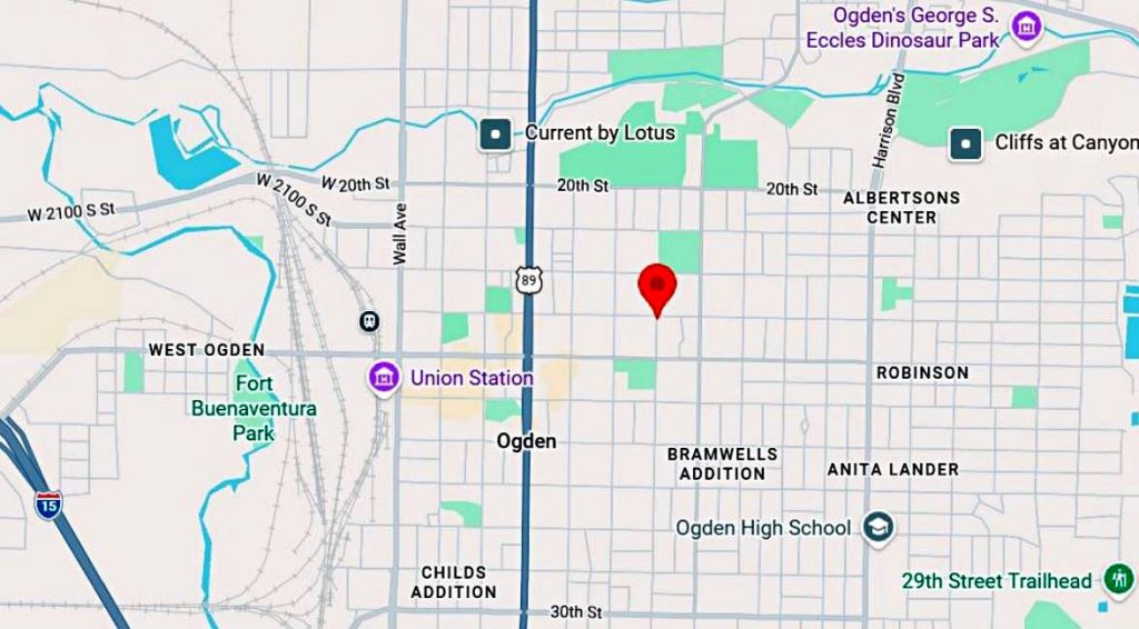 Map showing a red location pin in Ogden, Utah area near 24th Street and Union Station.