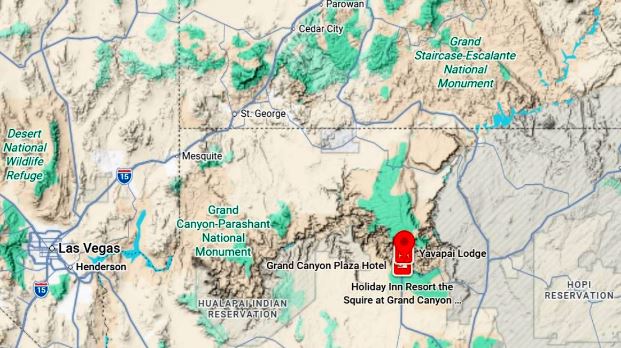 Map of northern Arizona around the Grand Canyon with Las Vegas to the west and hotel markers near the canyon.