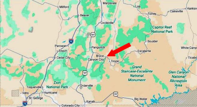 Map of southwestern Utah showing Bryce Canyon City area; red arrow points to Bryce Canyon City near Highway 89, with Grand Staircase–Escalante National Monument to the southeast and I-15 to the west.