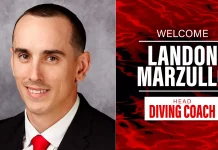 Split image: left shows a smiling man in a dark suit and red tie; right shows a red patterned banner with 'WELCOME' and 'HEAD DIVING COACH' overlaid text and a Utah Swim & Dive logo.