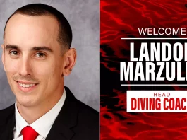Split image: left shows a smiling man in a dark suit and red tie; right shows a red patterned banner with 'WELCOME' and 'HEAD DIVING COACH' overlaid text and a Utah Swim & Dive logo.