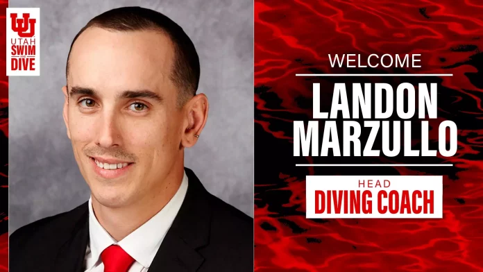 Split image: left shows a smiling man in a dark suit and red tie; right shows a red patterned banner with 'WELCOME' and 'HEAD DIVING COACH' overlaid text and a Utah Swim & Dive logo.