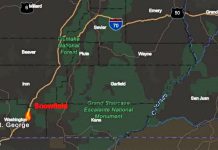 Map of southern Utah showing Snowfield near St. George, with Fishlake National Forest, Grand Staircase–Escalante National Monument, and the Green River.