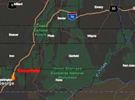 Snowfield Fire reaches 20 acres in Washington County Map of southern Utah showing Snowfield near St. George, with Fishlake National Forest, Grand Staircase–Escalante National Monument, and the Green River.