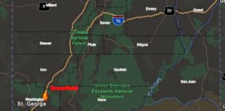 Map of southern Utah showing Snowfield near St. George, with Fishlake National Forest, Grand Staircase–Escalante National Monument, and the Green River.