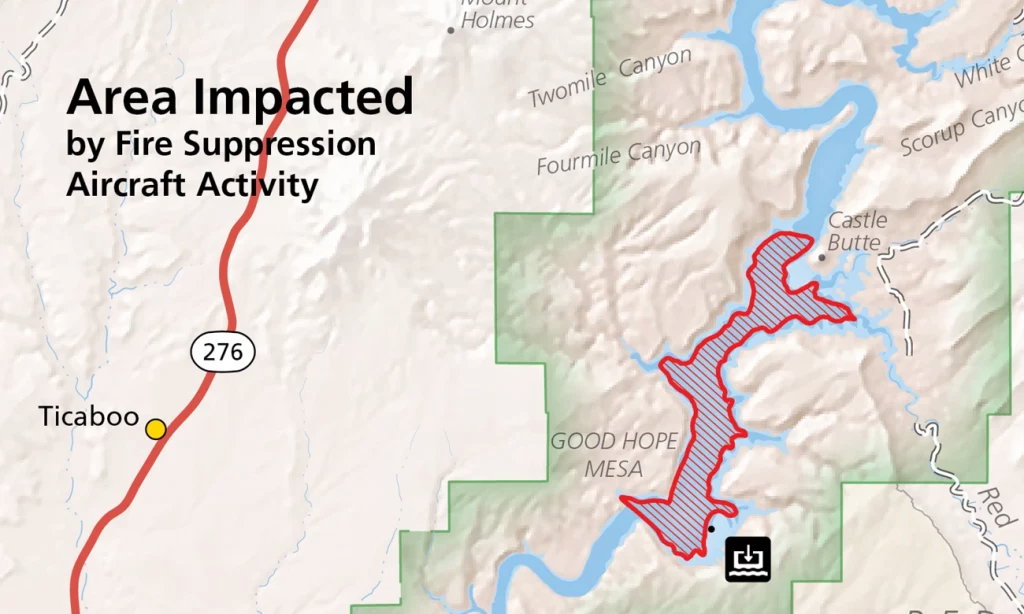 BabylonFireAircraftImpacts | Gephardt Daily Map showing area impacted by fire suppression aircraft activity along the river near Good Hope Mesa and Ticaboo on Highway 276 with a red hashed boundary near Castle Butte
