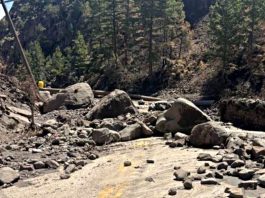 Rockslide blocks a dirt road in a forest, with large boulders and loose stones across the path (worker in yellow in distance).