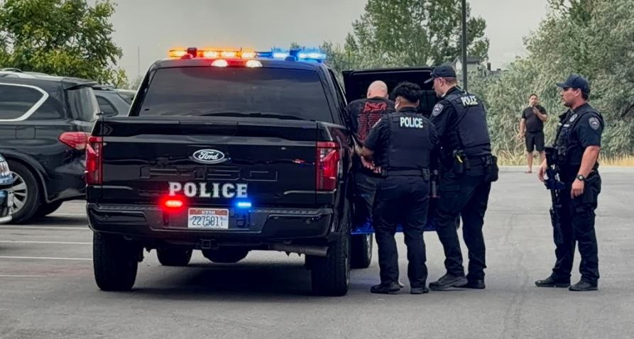 Police officers detain a man beside a marked police pickup with flashing red and blue lights in a parking lot.