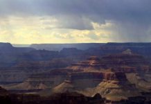 Panoramic view of the Grand Canyon's layered rock formations and deep ravines under a cloudy sky with soft light breaking through clouds.
