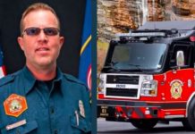 Split image: left shows a firefighter in teal uniform with patches, sunglasses, and flags in the background; right shows a red fire rescue truck in motion.