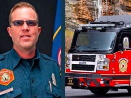 Split image: left shows a firefighter in teal uniform with patches, sunglasses, and flags in the background; right shows a red fire rescue truck in motion.