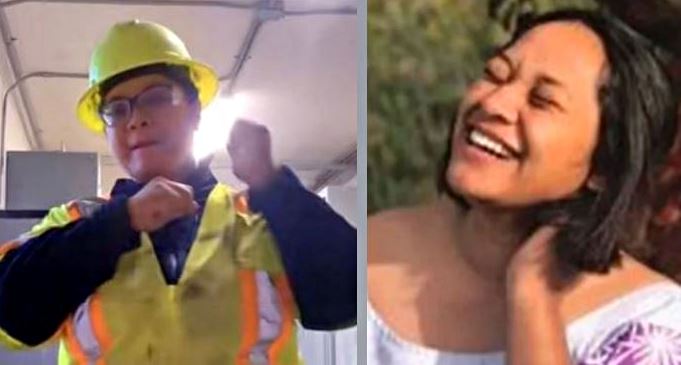 Split image left shows a person in a yellow hard hat and highvisibility safety vest posing with fists raised in an indoor workspace right shows a smiling woman outdoors touching her hair