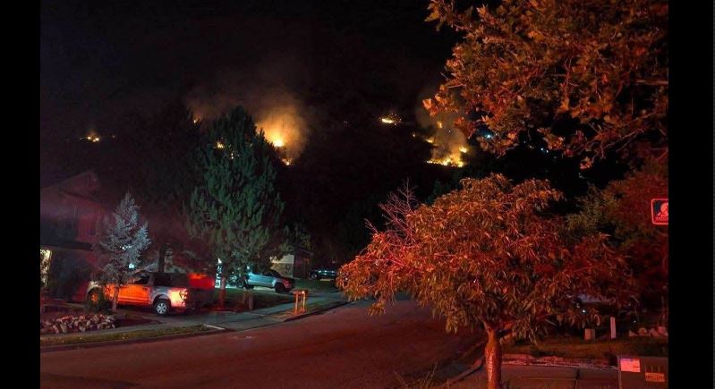 Nighttime residential street with flames rising from hills behind houses illuminating trees and smoke in the sky