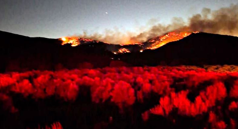 Night scene of a wildfire burning across hills with bright orange flames and smoke above a dark landscape at dusk