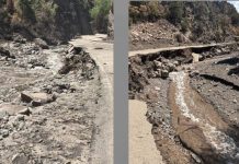 Gov. Cox declares state of emergency for Beaver, Piute, Sevier counties after wildfires, floods Two photos of a washed-out road in a rocky, forested canyon; a muddy stream runs along the damaged edge.