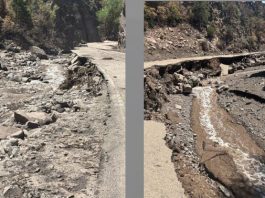 Two photos of a washed-out road in a rocky, forested canyon; a muddy stream runs along the damaged edge.
