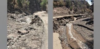 Two photos of a washed-out road in a rocky, forested canyon; a muddy stream runs along the damaged edge.