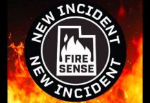 Circular logo with a flame icon and the words 'FIRE SENSE' in the center, surrounded by repeated text 'NEW INCIDENT' on a fiery background.