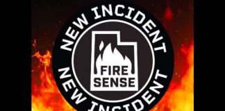 Circular logo with a flame icon and the words 'FIRE SENSE' in the center, surrounded by repeated text 'NEW INCIDENT' on a fiery background.