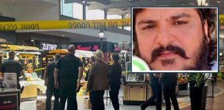Shoppers stand around a crime-scene area in a mall blocked by yellow tape; inset shows a close-up of a bearded man's face.