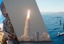 Military collage showing an infantry soldier, a rocket launch, and naval/ocean assets in one scene.
