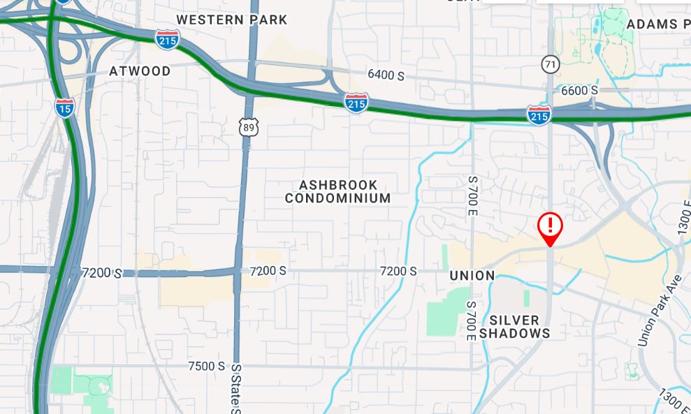 Map showing I-215 and surrounding streets near Union; red alert pin marks an incident near Silver Shadows.